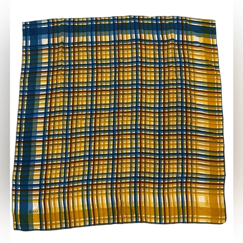 Vintage Gucci silk scarf in a blue, yellow, brown plaid/check pattern